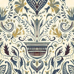 Detail of wallpaper in a floral damask print in shades of navy and gold on a cream field.