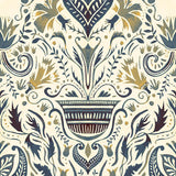Detail of wallpaper in a floral damask print in shades of navy and gold on a cream field.
