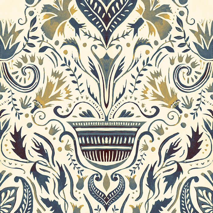 Detail of wallpaper in a floral damask print in shades of navy and gold on a cream field.