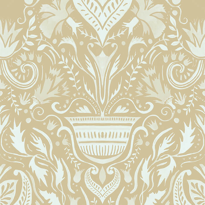 Detail of wallpaper in a floral damask print in cream on a tan field.