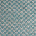 Close up of woven fabric with small scale checkerboard pattern in white and turquoise. 
