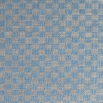 Close up of woven fabric with small scale checkerboard pattern in white and sky blue. 
