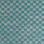 Close up of woven fabric with small scale checkerboard pattern in white and teal blue. 