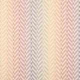 Broadloom carpet in a herringbone pattern with ombré stripe design in pastel pink, coral, green and yellow with white. 