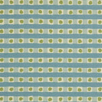 Detail of fabric in a playful dotted check print in green and blue on a cream field.