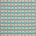Detail of fabric in a playful dotted check print in turquoise and red on a cream field.