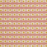 Detail of fabric in a playful dotted check print in pink and mustard on a cream field.