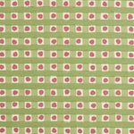 Detail of fabric in a playful dotted check print in pink and green on a cream field.