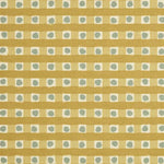 Detail of fabric in a playful dotted check print in gray and mustard on a cream field.