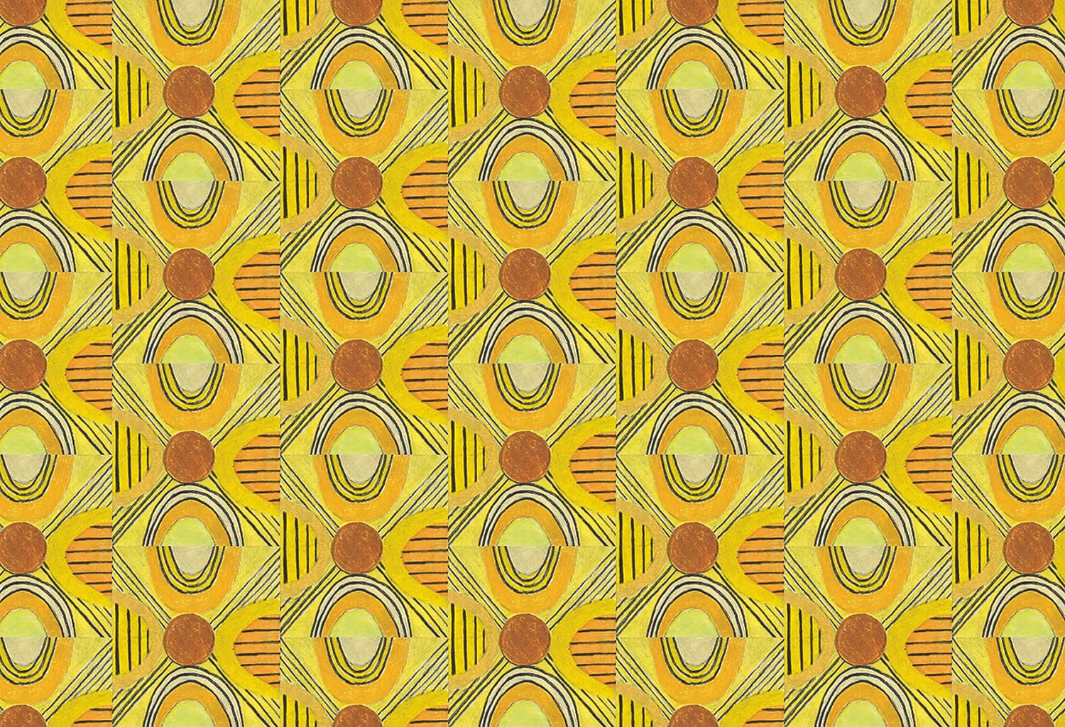 Printed fabric with a hand drawn geometric pattern in in yellow, orange and rust red and navy blue accent stripes. 