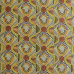 Printed fabric with a hand drawn geometric pattern in in yellow, orange and rust red and navy blue accent stripes. 