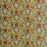 Printed fabric with a hand drawn geometric pattern in in yellow, orange and rust red and navy blue accent stripes. 