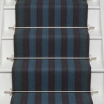 Striped flatweave runner in blue and black on white staircase