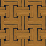 Detail of wallpaper in a large-scale interlocking geometric print in gold on a black field.