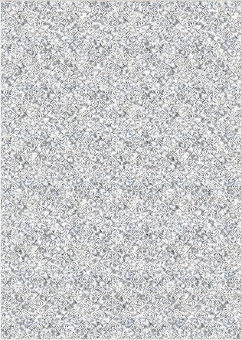 Broadloom carpet in a circular mosaic design in dense stripes of white and grey
