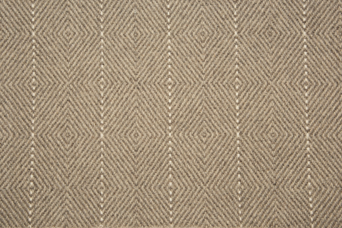 Broadloom carpet with diamond weave in taupe with widely spaced pin stripe in white.
