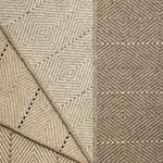 Stack of four broadloom carpet with subtle diamond pattern and wide stripes in a neutral palette of grey, beige and blue.