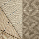 Stack of four broadloom carpet with subtle diamond pattern and wide stripes in a neutral palette of grey, beige and blue.