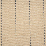 Broadloom carpet with diamond weave in oatmeal with widely spaced pin stripe in navy blue.