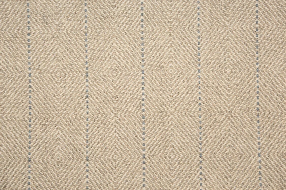 Broadloom carpet with diamond weave in grey with widely spaced pin stripe in light blue.