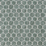 Detail of a printed linen fabric in a repeating knotted pattern in jade on a white field.