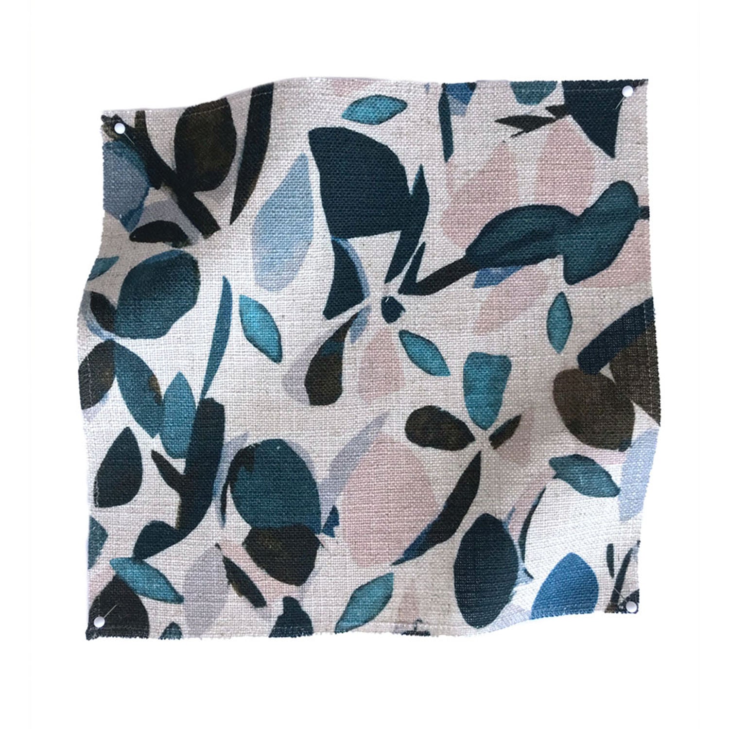 Square fabric swatch in a minimal leaf print in shades of blue, brown and pink on a tan field.
