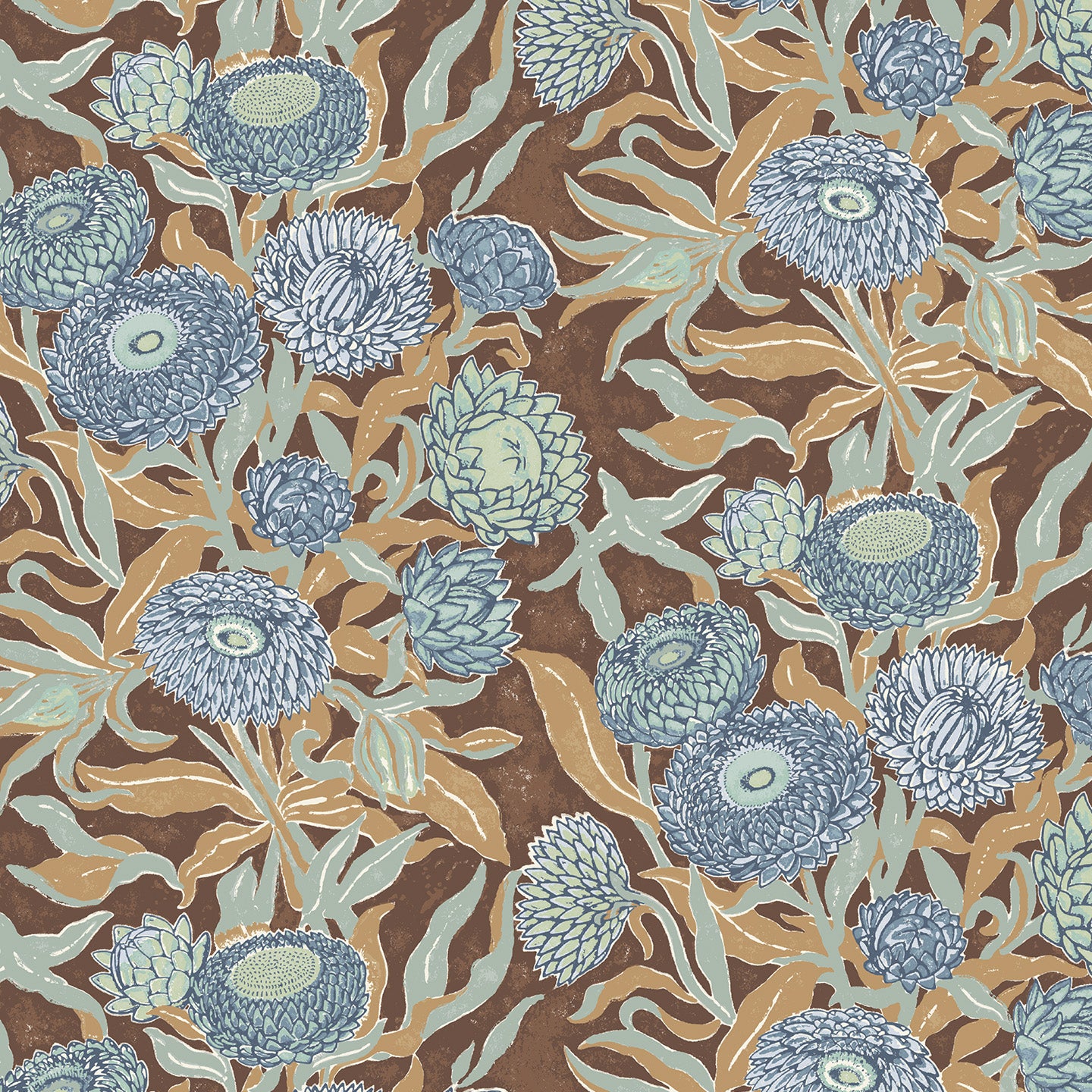 Wallpaper Floral pattern with blue flowers on a brown background