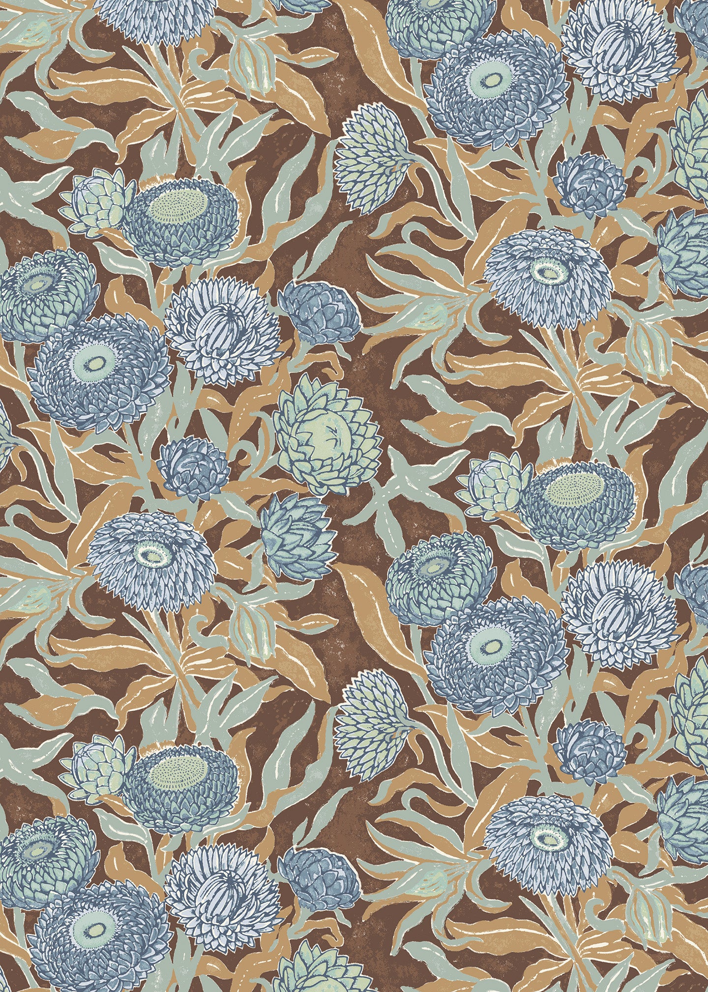 Wallpaper Floral pattern with blue flowers on a brown background