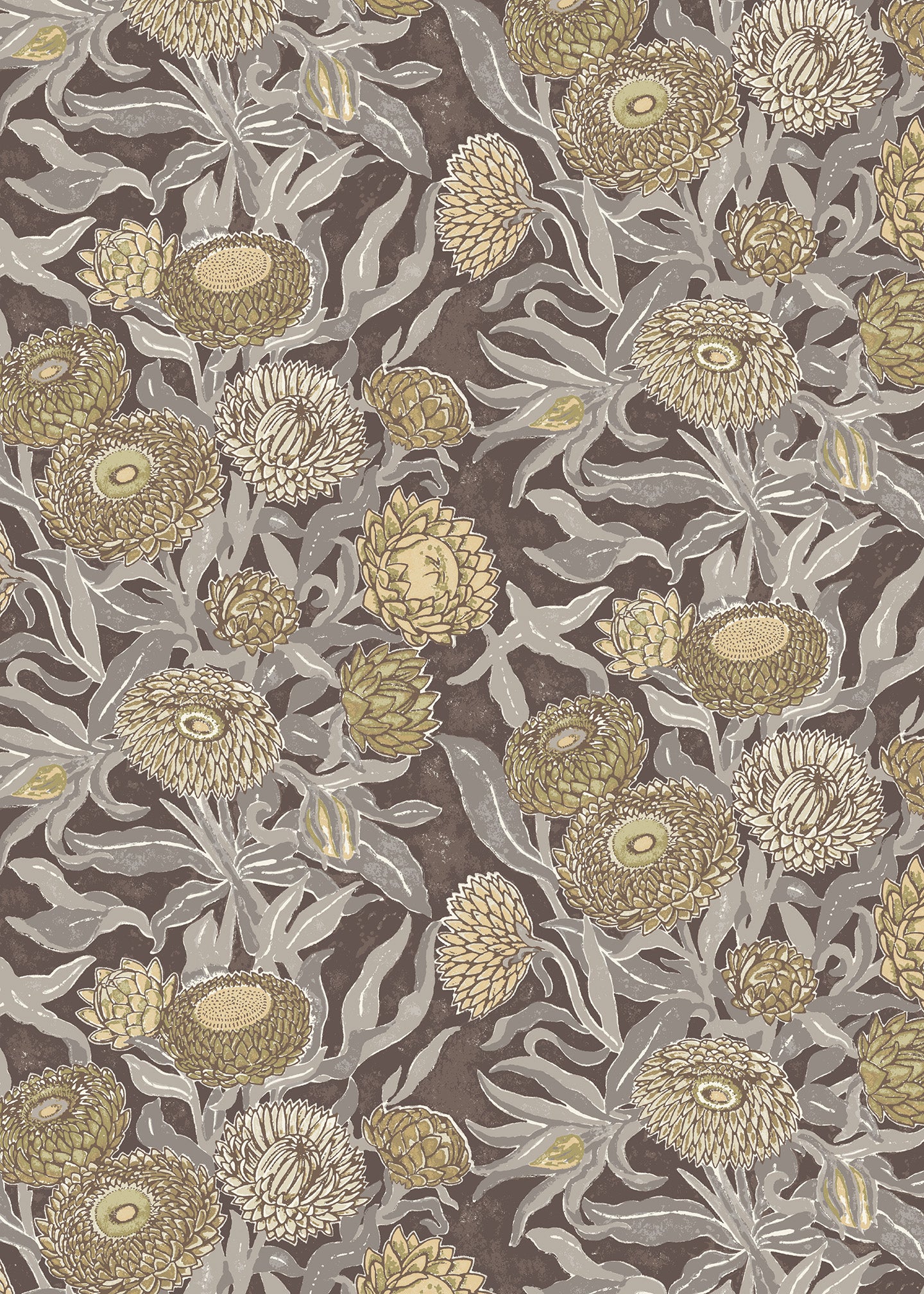 Wallpaper in a Floral pattern with flowers and leaves on a brown background
