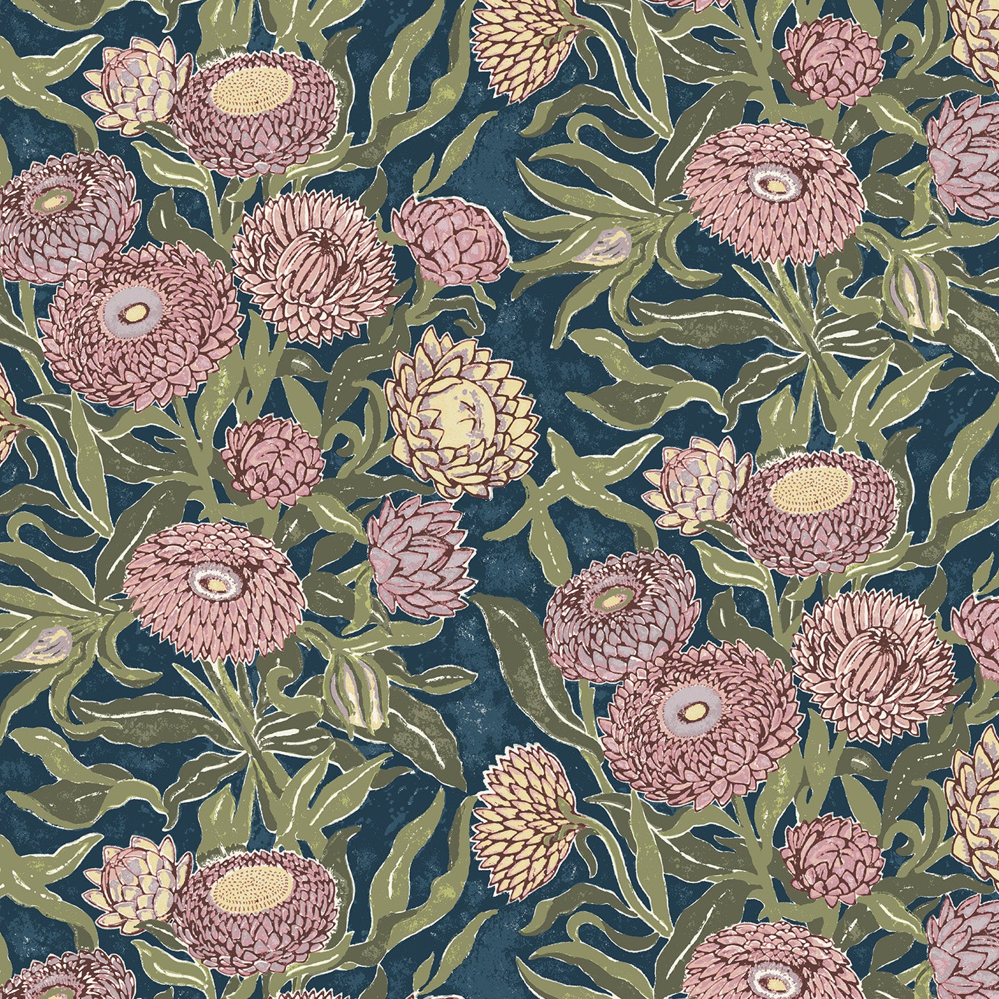 Wallpaper in a Floral pattern with pink and green flowers on a blue background