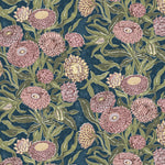 Wallpaper in a Floral pattern with pink and green flowers on a blue background