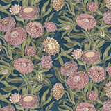 Wallpaper in a Floral pattern with pink and green flowers on a blue background