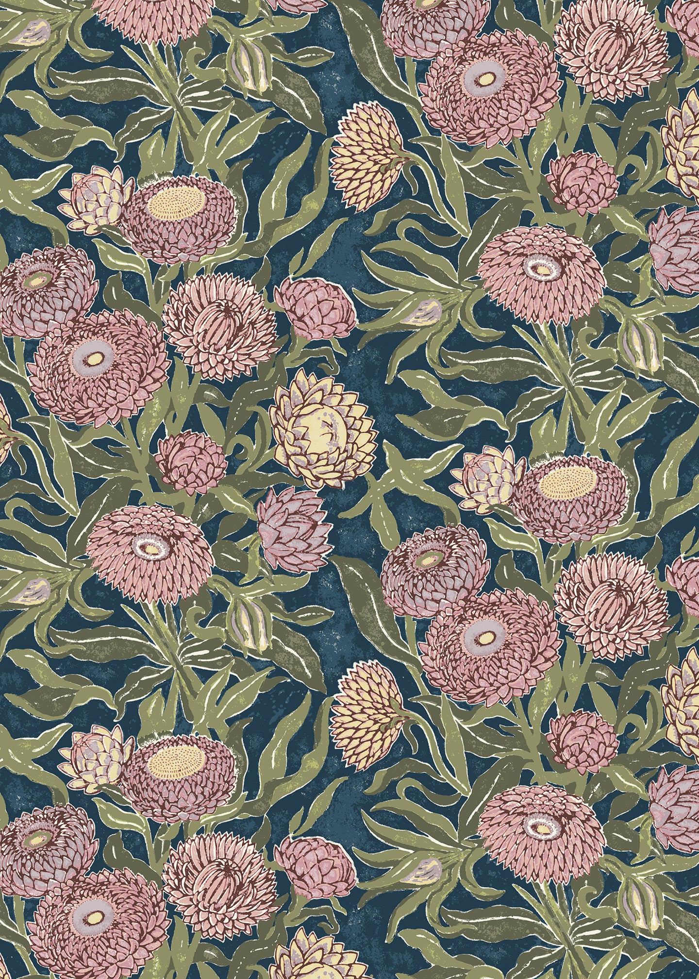 Wallpaper in a Floral pattern with pink and green flowers on a blue background