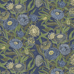 Wallpaper in a Floral pattern with blue and green flowers on a dark blue background