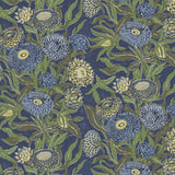 Wallpaper in a Floral pattern with blue and green flowers on a dark blue background
