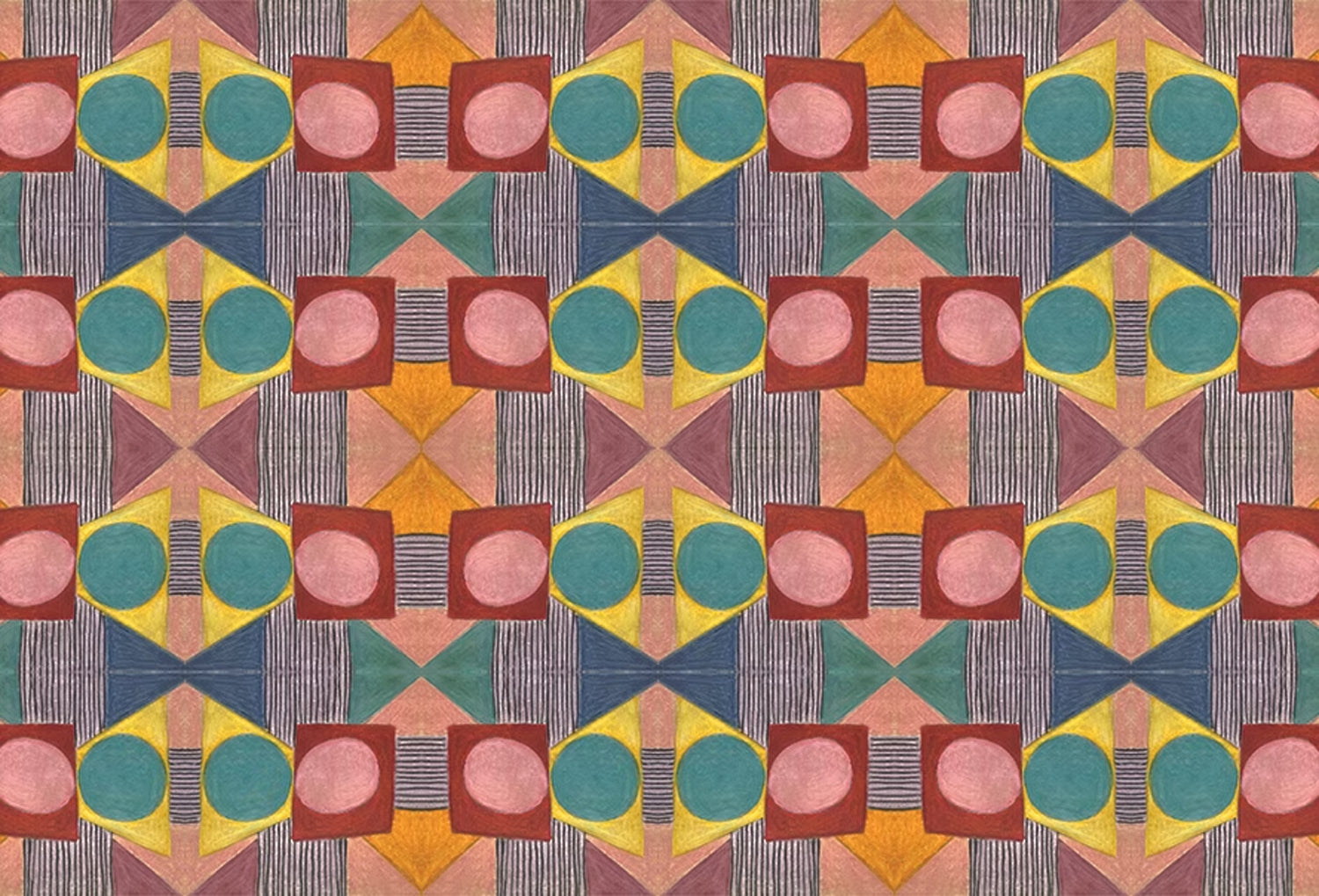 Close up of printed wallpaper with a complex geometric pattern with pink, red, blue, yellow, orange and turquoise.