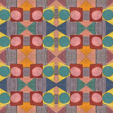 Close up of printed wallpaper with a complex geometric pattern with pink, red, blue, yellow, orange and turquoise.