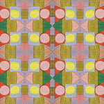 Close up of printed wallpaper with a complex geometric pattern with pink, red, light purple, green and yellow. 