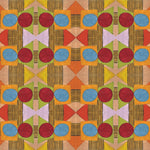 Close up of printed wallpaper with a complex geometric pattern with red, blue, orange and green. 