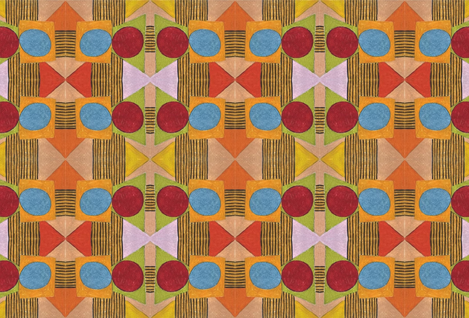 Close up of printed wallpaper with a complex geometric pattern with red, blue, orange and green. 