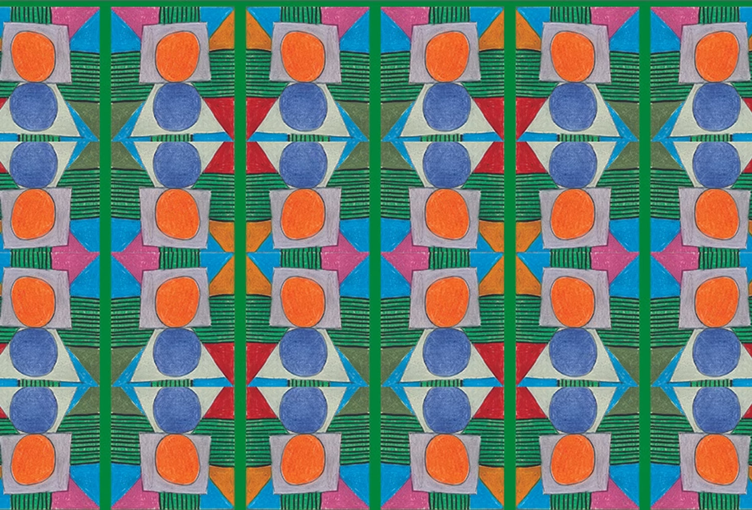 Close up of printed wallpaper with a complex geometric pattern with blue, orange, green, pink and red. 