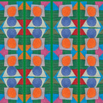 Close up of printed wallpaper with a complex geometric pattern with blue, orange, green, pink and red. 