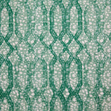Printed fabric with monochomatic geometric stripe and mottled textural background in shades of green.