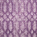 Printed fabric with monochomatic geometric stripe and mottled textural background in shades of purple.