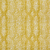 Printed fabric with monochomatic geometric stripe and mottled textural background in shades of yellow.