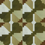 Bold abstract checkerboard pattern in brown, cream, sage and olive green.
