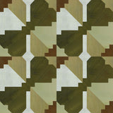 Bold abstract checkerboard pattern in brown, cream, sage and olive green.