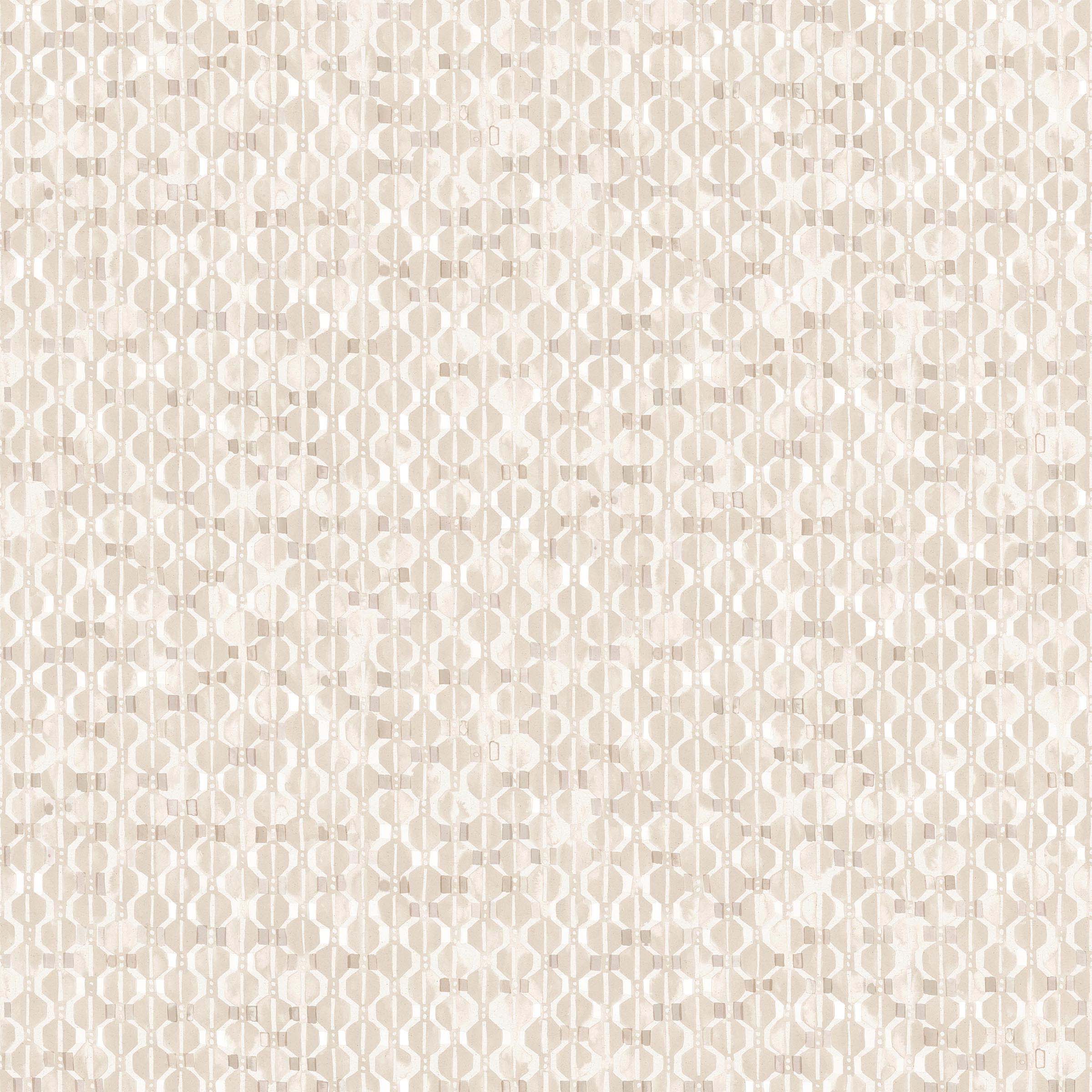 Detail of fabric in a textural geometric print in shades of cream on a white field.