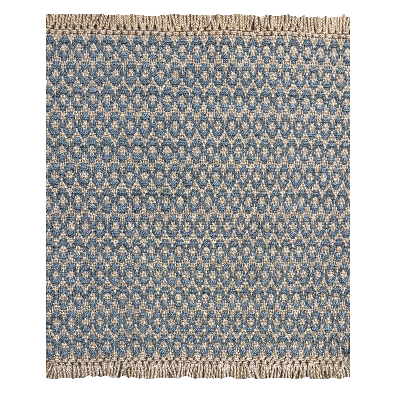 Handwoven wool rug with textural oval pattern in blue on a beige field and fringe at top and bottom.