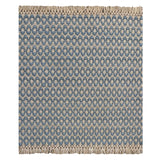 Handwoven wool rug with textural oval pattern in blue on a beige field and fringe at top and bottom.